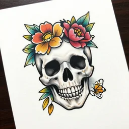 creative skull and flower tattoo art on white paper