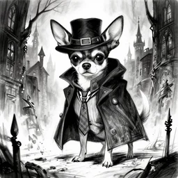 black and white sketch of a chihuahua criminal underworld thief in a lovecraftian gothic horror haunted city