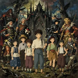 painting by studio ghibli and henryk siemiradzki and gred hildebrandt, gothic dark fantasy bloodborne, epic multifigures composition
