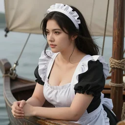 A thick beautiful female maid posing on a boat, well-shaped, beautiful face, close-up, fantasy woman, fantasy art, in the style of greg rutkowski, illustration, epic, fantasy, intricate, hyper detailed, artstation, concept art, smooth, sharp focus, ray tracing, profile shot