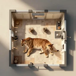 overhead floor plan view of an apartment with absolutely zero cougars ( puma concolor ) hiding in the kitchen
