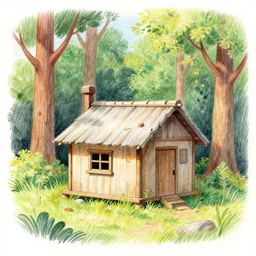 a hut in a forest, storybook illustration, colored pencil, ink, colorful