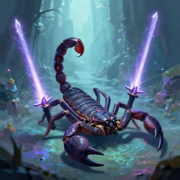 A fantasy scene of a scorpion wielding dark sabers in the ethereal Netherrealm. Artstation, CGSociety Cfg_scale 14 by Jeff Smith