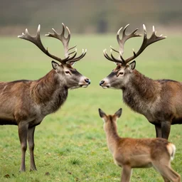 two magnificent stags lock horns as a doe looks on in admiration