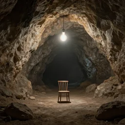 a huge cave, background a chair under a lightbulb, surreal, highly detailed, artstation, smooth, sharp focus, by greg rutkowski, 8 k