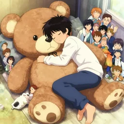 cell shaded, anime cute teenager sleeping with a large teddy bear, wlop, ilya kuvshinov, artgerm, krenz cushart, greg rutkowski, hiroaki samura, range murata, james jean, katsuhiro otomo, erik jones