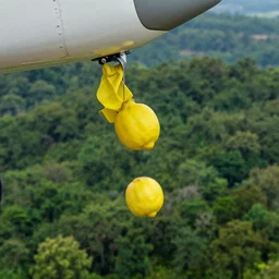 a lemon getting dropped from a light plane above the forest