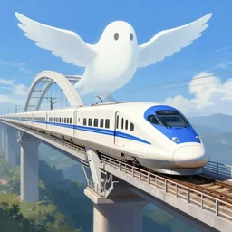 ghost bird over maglev shinkansen on an arch bridge, high quality, digital painting, artstation