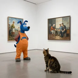 postman pat in an art gallery with his cat jess, white gallery, performance art, contemporary, photorealistic