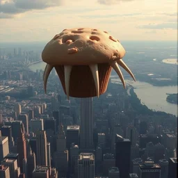 giant floating muffins with big long fangs over manhattan. scorsese, wes anderson, kodachrome, fred herzog. epic view. cinestill film tones, by chesley bonestell, vincent di fate