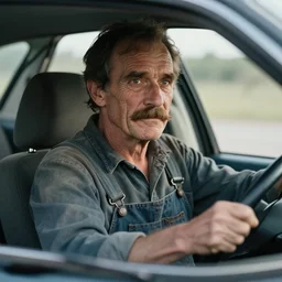 androgynous person with a mustache, lots of wrinkles, wearing overalls, driving a car, photorealistic, detailed, octane