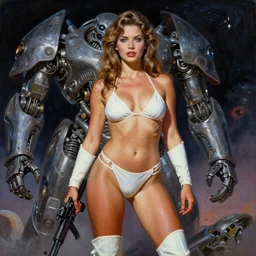 A mixed media portrait painting of a very beautiful light-brown-haired woman on an alien planet, very curvy, aesthetic! high-waisted white-bikini-armor and boots, starship-troopers-rifle, bombshell, aesthetic symmetrical face and eyes, model, wet, pacific-rim-mech in background, by Frank Frazetta, Boris Vallejo, Beeple, Greg Rutkowski, Christian MacNevin, eighties pinup style, goddess, epic fantasy character art, high fantasy, CGsociety, exquisite detail, post-processing, masterpiece, cinematic