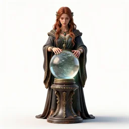 weathered fortune teller with crystal ball, detailed 3d character render, full body, standing, isolated on a pure white background, centered, whole figure in frame, sharp focus, studio lighting