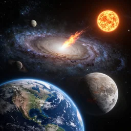 cosmic universe, milky way galaxy, fiery comet, earth and moon in foreground, mars, saturn, sun, high detail, realistic, unreal engine