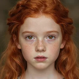 portrait of 1 4 - year - old girl with flaming red hair, a lot of freckles, and bright brown eyes, hyper realistic face, beautiful eyes, fantasy art, in the style of greg rutkowski, intricate, alphonse mucha, hyper detailed, smooth
