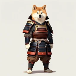an illustration of an akita in a full suit of samurai armour