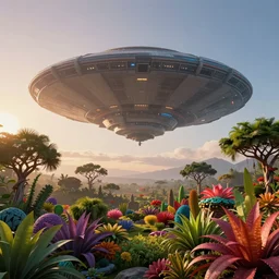 giant starship in the sky, sunrise in alien planet, full of vegetation, colourful plants, trees, vibrant colours, beautiful matte painting, dreamy, high detail, hyperealistic, 2 0 0 mm lens, professional photo, sharp focus