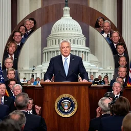 press photo of President Guy Fieri, State of the Union Address, congress, audience, symmetrical faces!!!!, round symmetrical eyes!!!, cinematic lighting, award winning photo, press photo, kodak 2383 film, low contrast!!, (((orange))), washed out colors