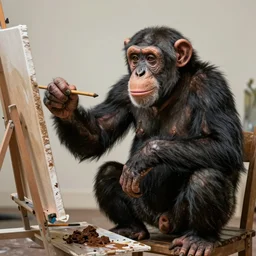 chimpanzee dressed as bob ross painting an image with feces, realistic, 4 k, funny