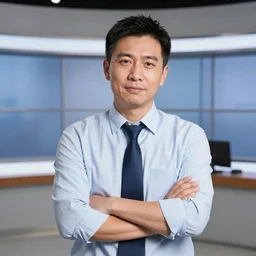 high quality portait of a small self righteous journalist in a low budget tv studio, awkward angle,
