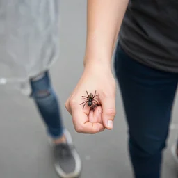 a woman going for walk, holding hands with a spider.