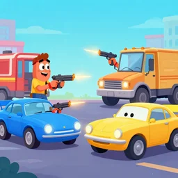 anthropomorphic cars and trucks engage in laser gun battles, 8 0 s cartoon