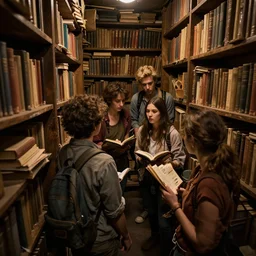 Explorers discover a cramped library, fantasy, close up, trending on artstation