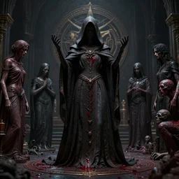 cinema 4 d highlights render, cult, black mass, sacrifice, blood souls, humanoid, spirits and souls, hooded robbed dark ceremony, black mass, extremely detailed, insanely detailed and intricate, high detail, ordo templi orientis background, depth field, unreal engine, deep focus, movie still, dramatic lighting, by michal karcz and yoshitaka amano, 4 k concept art and hyper realism