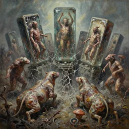 oil paint of flayed rectangular animalcules as god machines, cluster battling chaos, glass sentient geocracking, fungal pit, trash patina sheen rotting, by alberto bontempi, alex ross, shigeru komatsuzaki, wayne d barlowe, stefano tamburini, narrative light, muted colors, epic, hyper detailed, awe inspiring, award winning horror, narrative lighting