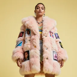 coat for a rave With fur, hairstyle, earrings, bright soft colors, soft yellow background, many details, prints, photo for a magazine, photo for a store, fashion photography, Vogue, low angle photo, wide angle , cinematic, hyper realism, high detail, octane render, 8k, chrome accents, very coherent symmetrical artwork, perfect face model, Soft light, Reduced contrast