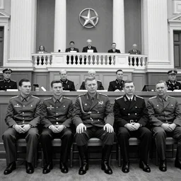 50s movie still full-lenght portrait of soviet generals sit at the parlement, by Alexei Guerman , Cinestill 800t 35mm black and white, heavy grainy picture, very detailed, high quality, 4k, HD criterion, precise texture