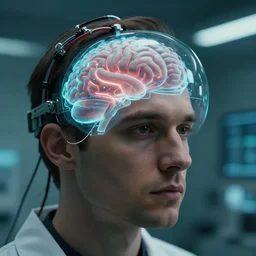 vfx film closeup, man in laboratory copying his brain into digital ai glass brain, eeg wired futuristic advanced technology, flat color profile low - key lighting award winning photography arri alexa cinematography, hyper real photorealistic cinematic beautiful natural skin, famous face, atmospheric cool colorgrade