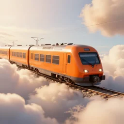 a tgv sud - est train in its original orange livery flying between volumetric clouds, photorealistic octane render, raytracing, trending on artstation, 4 k, cozy