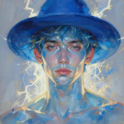 painting by krenz cushart!!, portrait of a handsome man with transparent blue skin color, blue hat, surrounded by the lightenings, finely detailed features, intricate brush strokes, beautiful lighting, trending on pixiv fanbox.