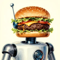 1 9 5 0 s vintage sci - fi illustration of an robot with a cheeseburger head, vintage sci - fi book cover illustration h 7 0 4