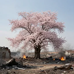 a sakura tree in the desolation of the burning ruins around it