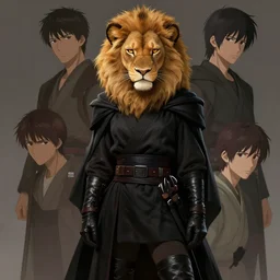 beautiful portrait of a sad female anthropomorphic lioness fursona wearing black jedi robes. leather gloves. leather boots. character design by charlie bowater, ross tran, artgerm, and makoto shinkai, detailed, soft lighting, rendered in octane