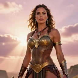 Mila Kunis, epic portrait of a very strong muscled Amazon heroine, sun beams across sky, pink golden hour, intricate, elegance, highly detailed, shallow depth of field, epic vista, concept art, art by Artgerm and Donato Giancola, Joseph Christian Leyendecker