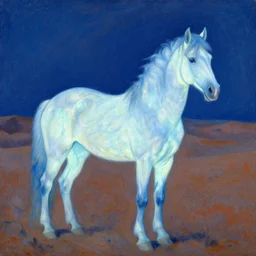 close up of the glowing moth horse of the namibian desert. a symphony in blue and white. painting by henri rousseau, yves yanguy, monet, henri moore, arcimboldo