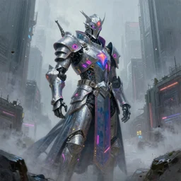 an epic portrait of a cyberpunk robot wizard knight wearing a neon robe posing in a mist-filled brutalist international futurist megacity, muted neon and constant rain and fog, unreal 5, DAZ, detailed, soft focus, brilliant colors, high contrast, brilliant highlights, 4k, 8k, HD, trending on artstation, trending on DeviantArt, painting oil on canvas illustration by Alena Aenmai by Wayne Barlowe by Gerald Brom by Noah Bradley by Thomas Kincade
