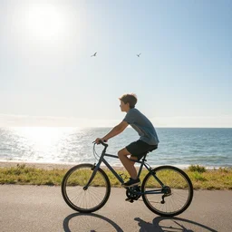 a boy is riding a bike on a coast ， sun and birds in the sky