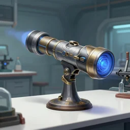 a league of legends concept art of a portal gun from aperture science on a white table in a laboratory, art by cushart krentz and greg rutkowski, elegant, sharp focus, morandi color scheme, fantasy style, illustration, high quality, digital art, hyperrealism, octane render, commission art, 4 k resolution