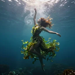 manshaped swirling smoke beside woman dancing underwater wearing a flowing dress made of seaweed, octane render, caustics lighting from sunlight above, cinematic