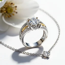 intricate!! nordic ring and necklace and ear, silver and gold and diamond, isolated on a white background and a flower in the background, refraction, occlusion, filigree, lower and upper levels, keyshot render, octane render, vray render