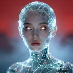 closeup portrait of a transparent beautiful cyborg girl angroid, shattered glass skin, glowing iris, cinematic light, backlight glow, red sky blue, mist, by mikhail vrubel, by philippe druillet, by peter elson, by gerald brom, muted colors, extreme detail, trending on artstation, 8 k