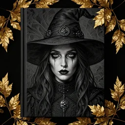 black elegant, golden leaves at frame border, creative!!! composition for a book cover!!!, absurdly beautiful, ultrafine hyperrealistic detailed old witch face by wlop and artgerm and greg rutkowski, intricate linework, sharp focus, smooth, octopath traveler, final fantasy, unreal engine, dramatic lighting, ethereal, 8 k