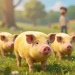 yellow pigs in a field. len blur background bokeh. art by ismail inceoglu, filip hodas, and pixar.