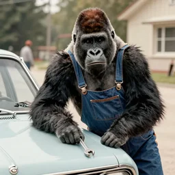 A gorilla leans on the hood of a car dressed like a mechanic and holding a wrench, 70s photograph, newspaper photo