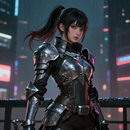 beautiful female knight, with ponytail hair, cyberpunk 2077, city background, rainy night, neon glow concept art, sharp focus, intricate, digital painting, artstation, official media, anime key visual, highly detailed, rich vivid colors ambient lighting, illustration, art by Artgerm, Makoto Shinkai, Ilya Kuvshinov, Lois Van Baarle and Rossdraws