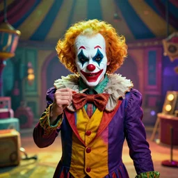 portrait of agent 4 7 as a clown, colorful, circus background, cinematic, dramatic light, fantasy, epic, high detail, inside a messy room, masterpiece, art by jisu choe